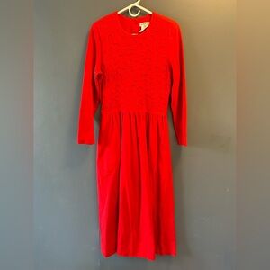 Talbots Red Long Sleeve Dress with Embroidered Swirl Detail